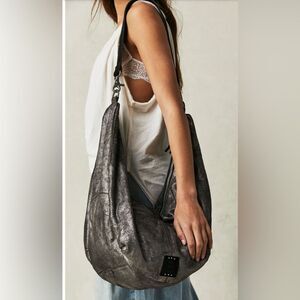 NWT Free People We The Free Sparta Sling Bag, Black Leather with Silver Shimmer